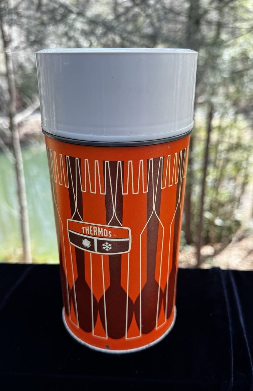 Vintage Thermos 1971 King-Seeley Spoon Fork Orange Brown Metal 1 Pint 16Oz -A18